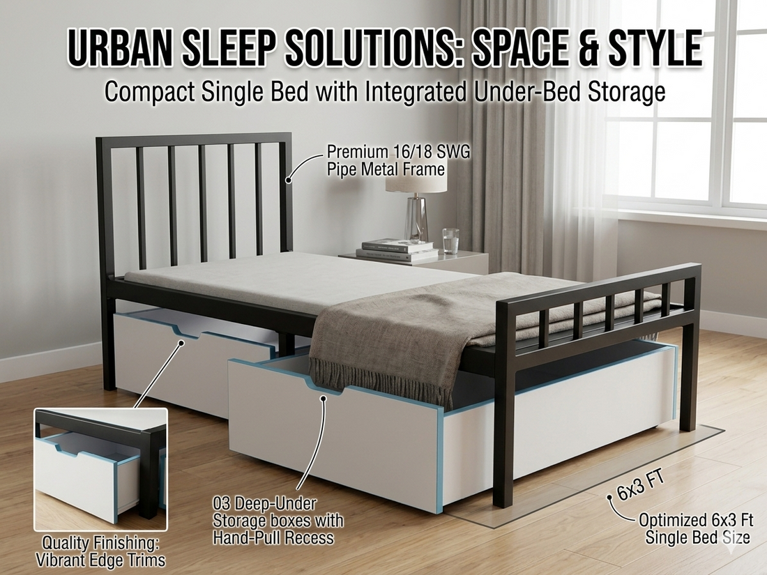 Compact Single Bed with Integrated Under-Bed Storage. 6 x 3'ft